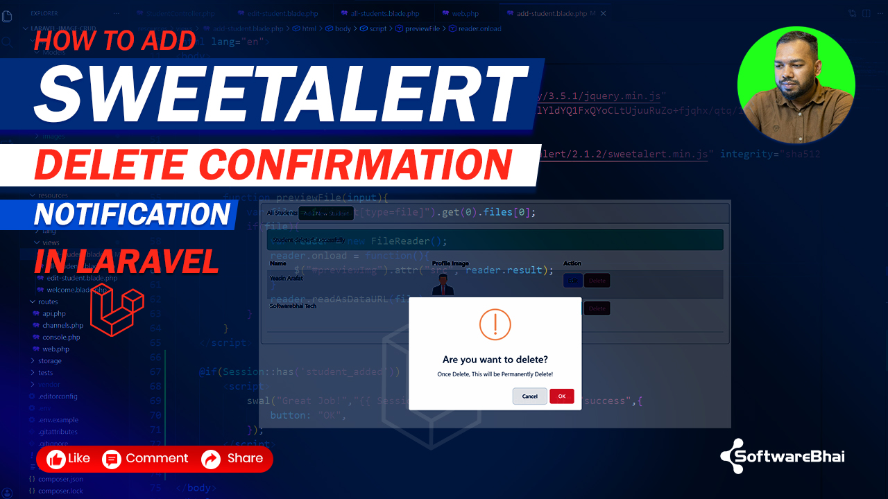 How to Add SweetAlert Delete Confirmation in Laravel | Confirm Before Delete (Step-by-Step)