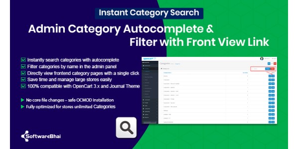 OpenCart Admin Category Autocomplete & Filter with Front View Link