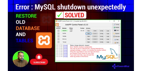 How to Solve Error: MySQL Shutdown Unexpectedly in XAMPP | Restore Old Database & Tables (100% Work)