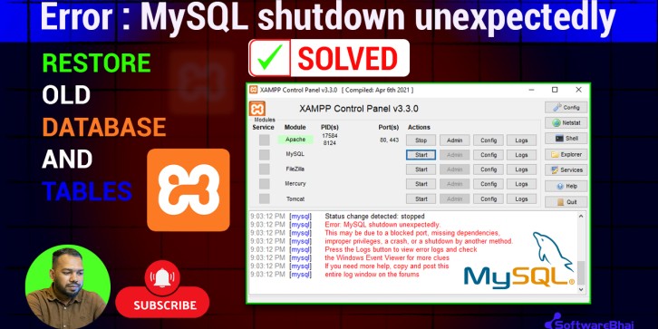 How to Solve Error: MySQL Shutdown Unexpectedly in XAMPP | Restore Old Database & Tables (100% Work)